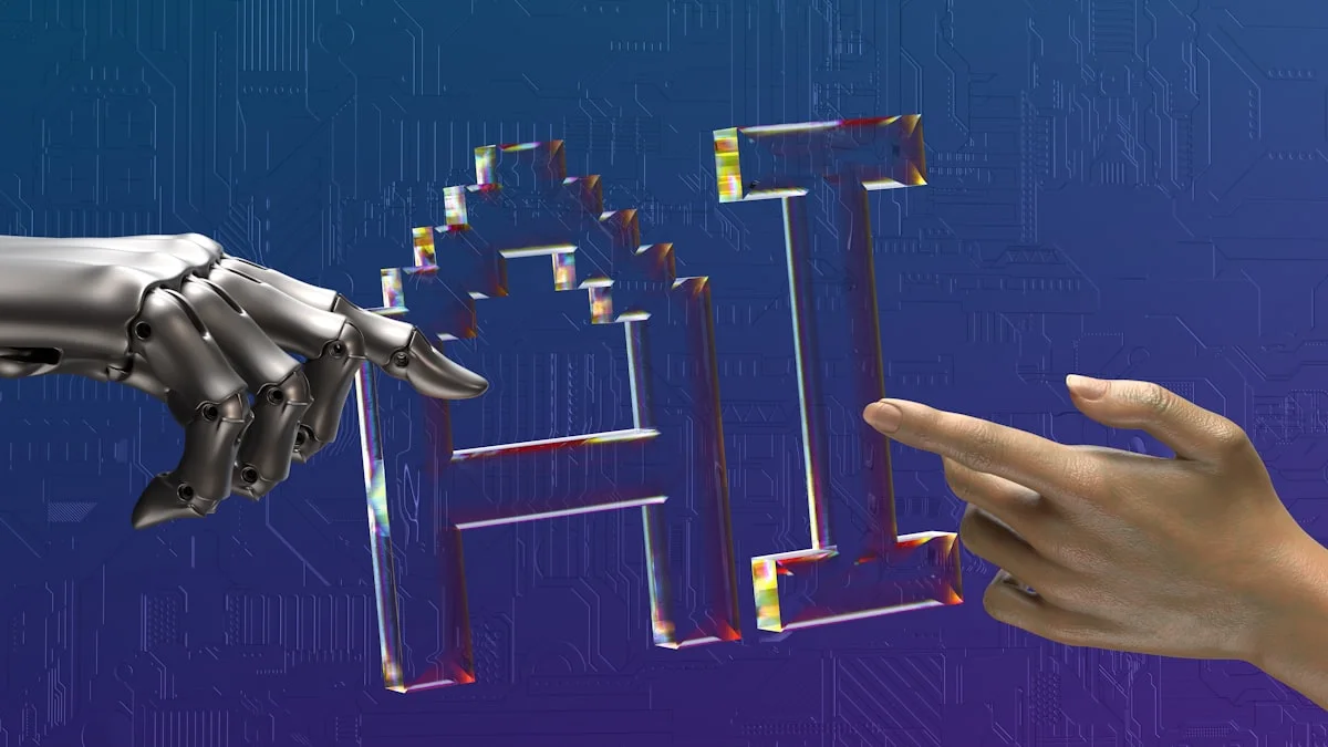 Tangan robot dan manusia menuju teks AI